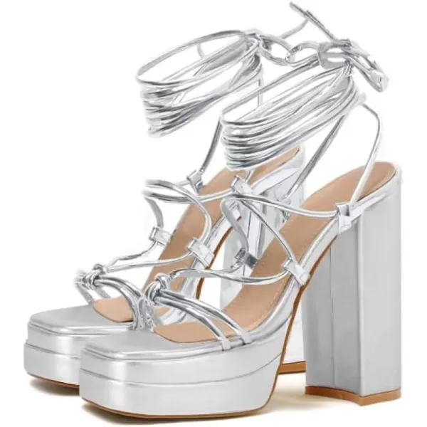 Coutgo Women's Lace Up Platform Heels Sandals Strappy Chunky High Heel Square Toe Party Shoes