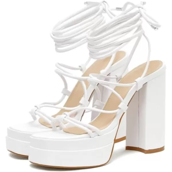 Coutgo Women's Lace Up Platform Heels Sandals Strappy Chunky High Heel Square Toe Party Shoes