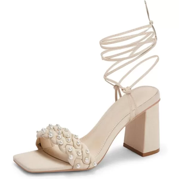 Coutgo Womens Pearl Strappy Heels Sandals Braided Lace Up Chunky Heels Square Open Toe Party Dress Shoes