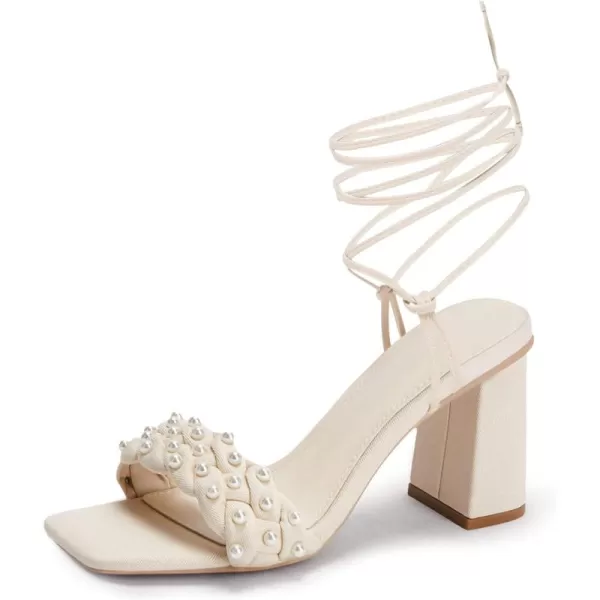 Coutgo Womens Pearl Strappy Heels Sandals Braided Lace Up Chunky Heels Square Open Toe Party Dress Shoes