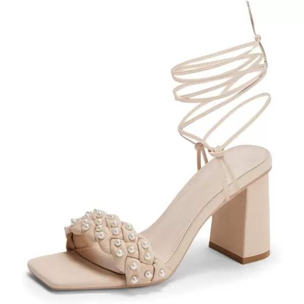 Coutgo Womens Pearl Strappy Heels Sandals Braided Lace Up Chunky Heels Square Open Toe Party Dress Shoes