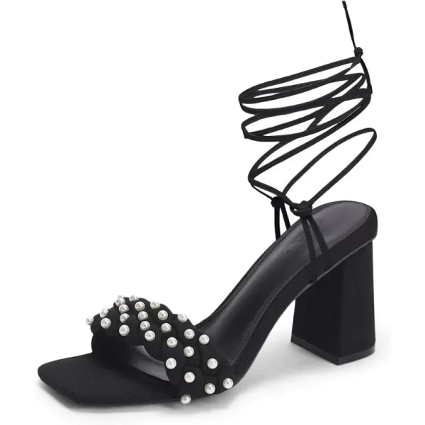 Coutgo Womens Pearl Strappy Heels Sandals Braided Lace Up Chunky Heels Square Open Toe Party Dress Shoes