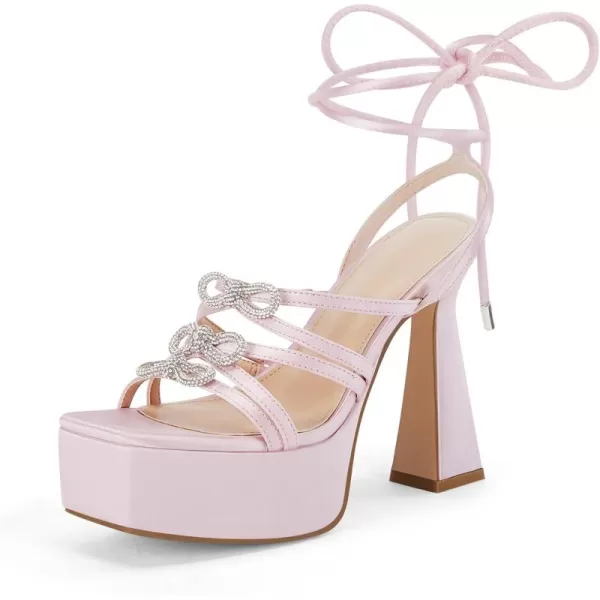 Coutgo Womens Rhinestone Platform Heels Sandals Bow Chunky Strappy Heels Crystal Summer Dress Shoes