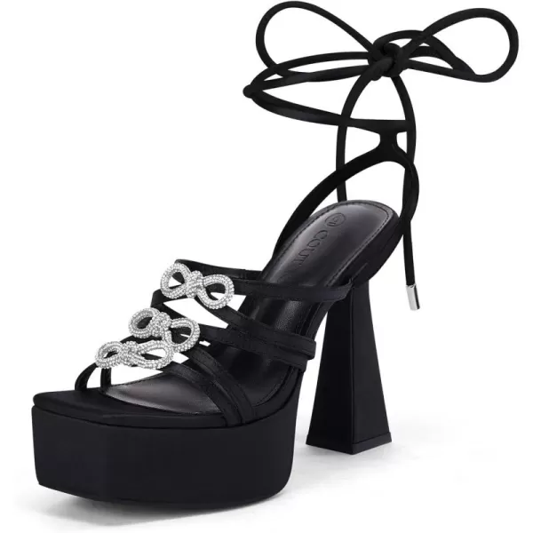 Coutgo Womens Rhinestone Platform Heels Sandals Bow Chunky Strappy Heels Crystal Summer Dress Shoes