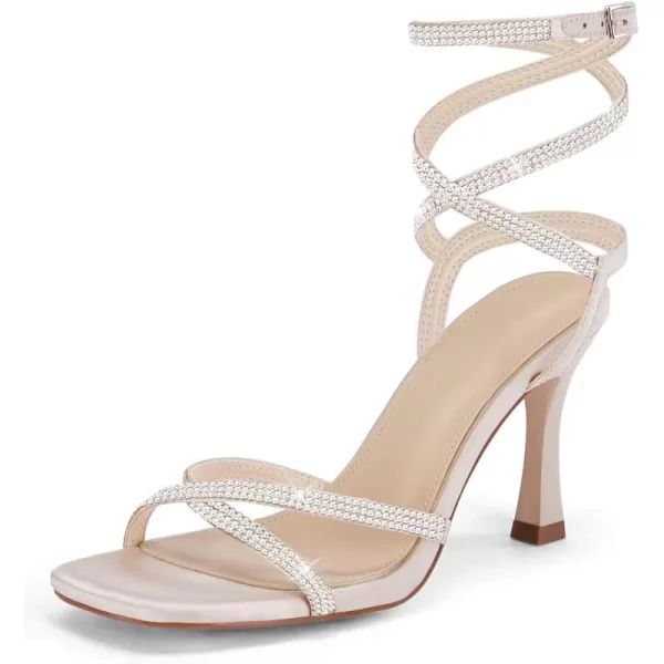 Coutgo Women's Rhinestone Strappy Heel Sandals Open Square Toe High Stiletto Heels Wedding Shoes