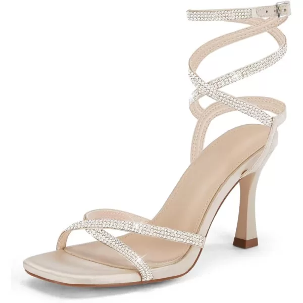 Coutgo Women's Rhinestone Strappy Heel Sandals Open Square Toe High Stiletto Heels Wedding Shoes
