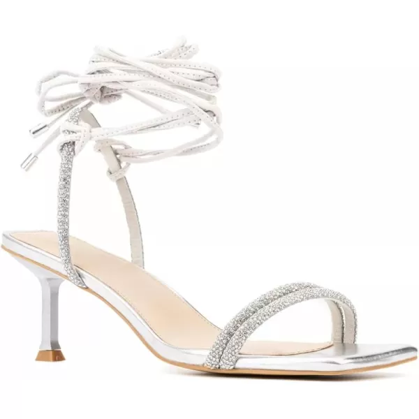 Coutgo Womens Strappy Lace Up Heels Sandals Square Toe Rhinestone Kitten Heel Sexy Party Wedding Dress Shoes