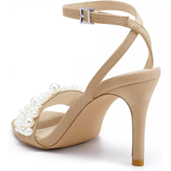 Coutgo Women's Open Toe Heeled Sandals Pearl Strap Stiletto Heel Ankle Buckle Strap Summer Shoes Pumps
