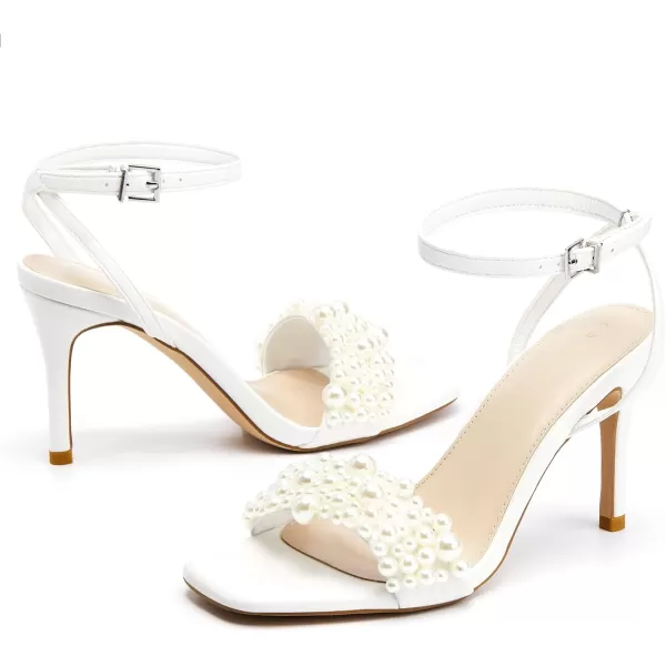 Coutgo Women's Open Toe Heeled Sandals Pearl Strap Stiletto Heel Ankle Buckle Strap Summer Shoes Pumps