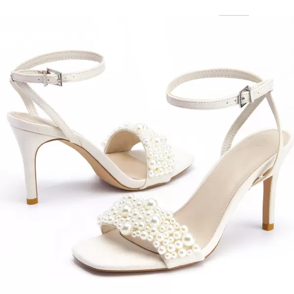 Coutgo Women's Open Toe Heeled Sandals Pearl Strap Stiletto Heel Ankle Buckle Strap Summer Shoes Pumps