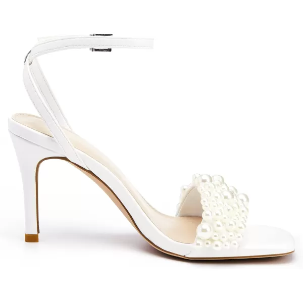 Coutgo Women's Open Toe Heeled Sandals Pearl Strap Stiletto Heel Ankle Buckle Strap Summer Shoes Pumps