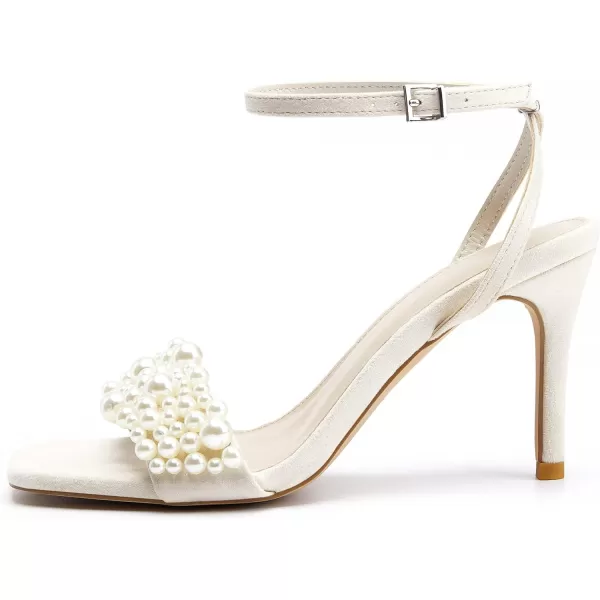 Coutgo Women's Open Toe Heeled Sandals Pearl Strap Stiletto Heel Ankle Buckle Strap Summer Shoes Pumps