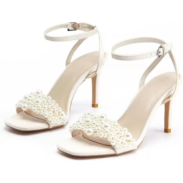 Coutgo Women's Open Toe Heeled Sandals Pearl Strap Stiletto Heel Ankle Buckle Strap Summer Shoes Pumps