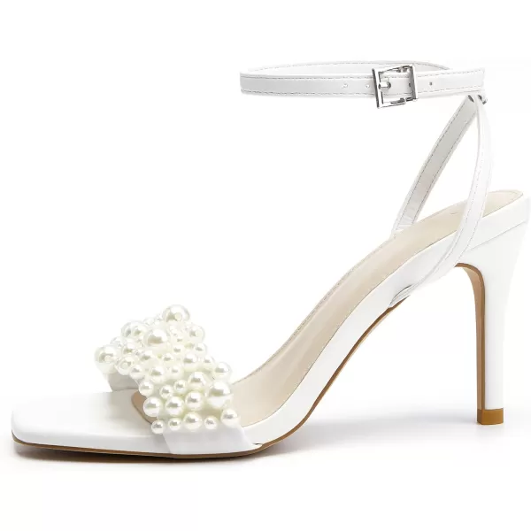 Coutgo Women's Open Toe Heeled Sandals Pearl Strap Stiletto Heel Ankle Buckle Strap Summer Shoes Pumps