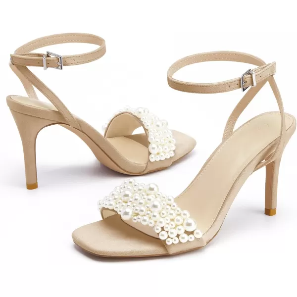 Coutgo Women's Open Toe Heeled Sandals Pearl Strap Stiletto Heel Ankle Buckle Strap Summer Shoes Pumps