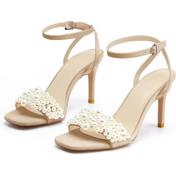 Coutgo Women's Open Toe Heeled Sandals Pearl Strap Stiletto Heel Ankle Buckle Strap Summer Shoes Pumps