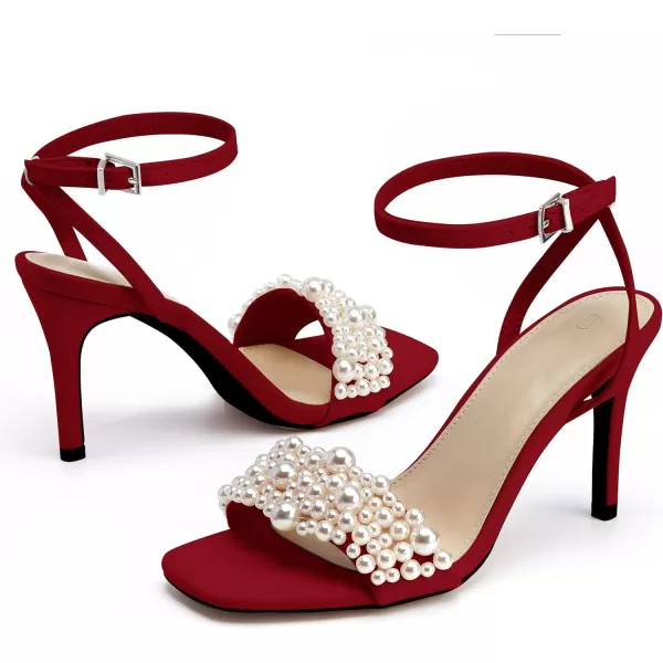Coutgo Women's Open Toe Heeled Sandals Pearl Strap Stiletto Heel Ankle Buckle Strap Summer Shoes Pumps