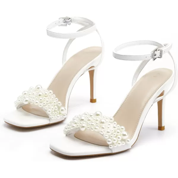 Coutgo Women's Open Toe Heeled Sandals Pearl Strap Stiletto Heel Ankle Buckle Strap Summer Shoes Pumps