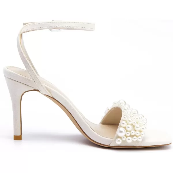 Coutgo Women's Open Toe Heeled Sandals Pearl Strap Stiletto Heel Ankle Buckle Strap Summer Shoes Pumps