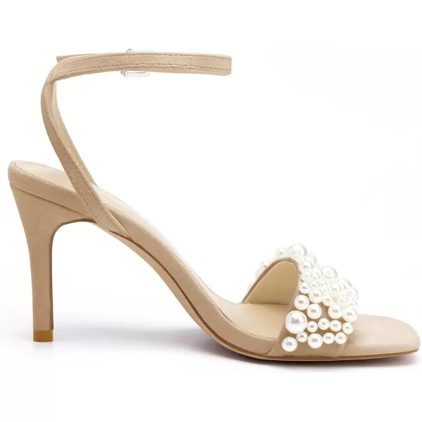 Coutgo Women's Open Toe Heeled Sandals Pearl Strap Stiletto Heel Ankle Buckle Strap Summer Shoes Pumps
