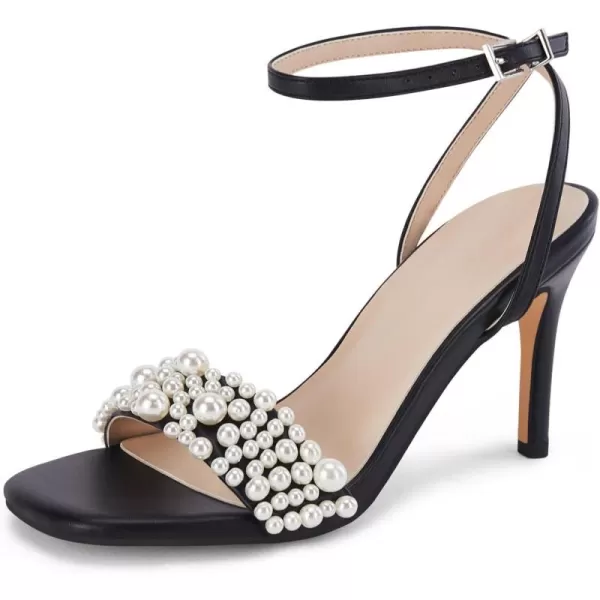 Coutgo Women's Open Toe Heeled Sandals Pearl Strap Stiletto Heel Ankle Buckle Strap Summer Shoes Pumps