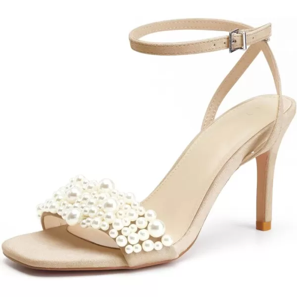 Coutgo Women's Open Toe Heeled Sandals Pearl Strap Stiletto Heel Ankle Buckle Strap Summer Shoes Pumps