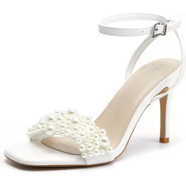 Coutgo Women's Open Toe Heeled Sandals Pearl Strap Stiletto Heel Ankle Buckle Strap Summer Shoes Pumps