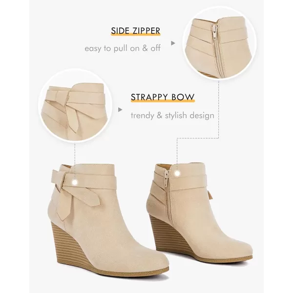 Coutgo Womens Wedge Booties Fall Ankle Boots Tie Knot Stacked Heeled Side Zipper Winter Dress Shoes