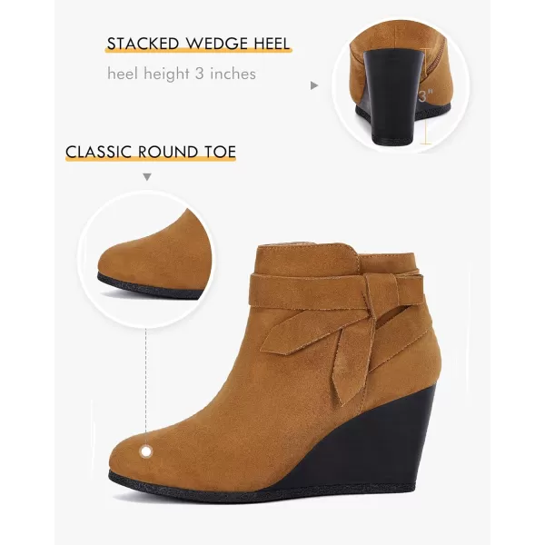 Coutgo Womens Wedge Booties Fall Ankle Boots Tie Knot Stacked Heeled Side Zipper Winter Dress Shoes