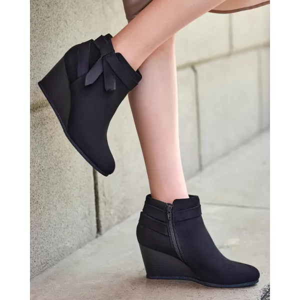 Coutgo Womens Wedge Booties Fall Ankle Boots Tie Knot Stacked Heeled Side Zipper Winter Dress Shoes