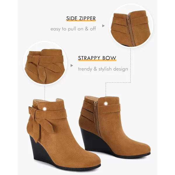 Coutgo Womens Wedge Booties Fall Ankle Boots Tie Knot Stacked Heeled Side Zipper Winter Dress Shoes