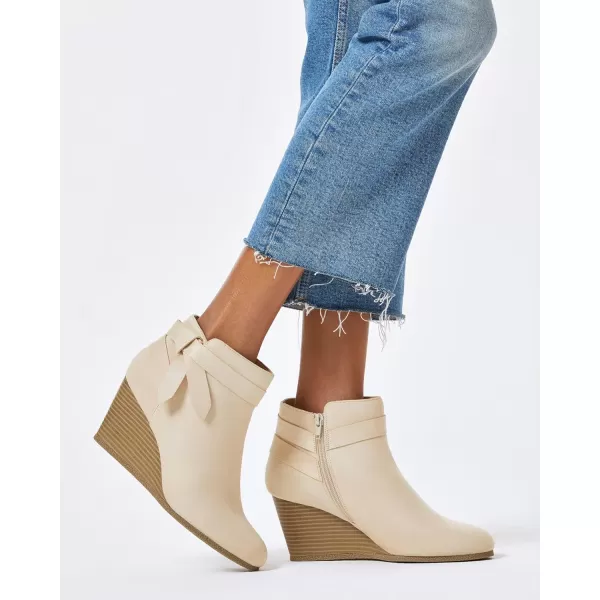 Coutgo Womens Wedge Booties Fall Ankle Boots Tie Knot Stacked Heeled Side Zipper Winter Dress Shoes