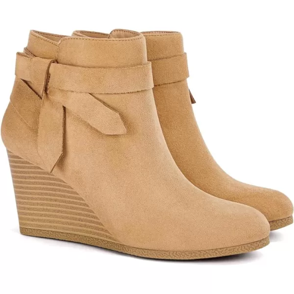 Coutgo Womens Wedge Booties Fall Ankle Boots Tie Knot Stacked Heeled Side Zipper Winter Dress Shoes