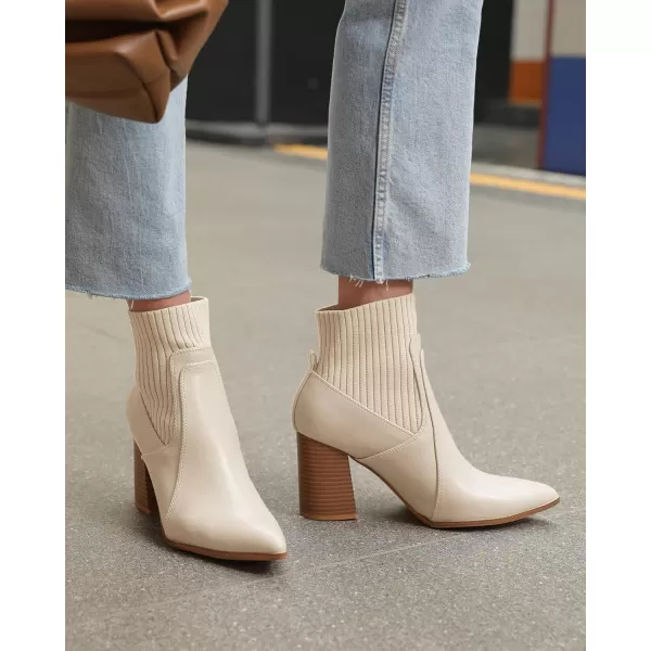 Coutgo Women's Slip On Ankle Boots Pointed Toe Chunky Block Heel Splicing Sock Booties Winter Shoes