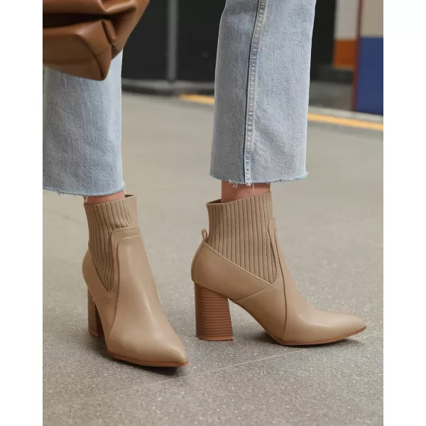 Coutgo Women's Slip On Ankle Boots Pointed Toe Chunky Block Heel Splicing Sock Booties Winter Shoes