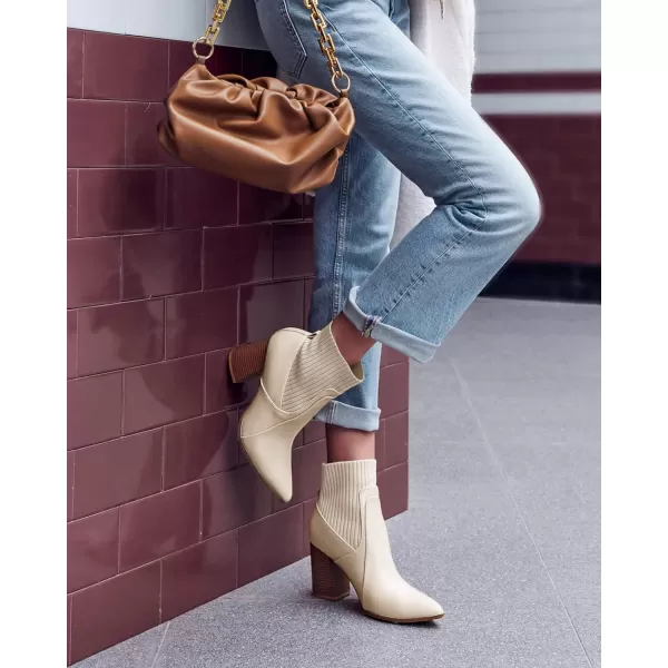 Coutgo Women's Slip On Ankle Boots Pointed Toe Chunky Block Heel Splicing Sock Booties Winter Shoes