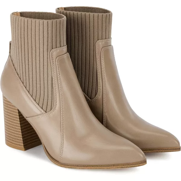 Coutgo Women's Slip On Ankle Boots Pointed Toe Chunky Block Heel Splicing Sock Booties Winter Shoes