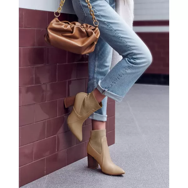 Coutgo Women's Slip On Ankle Boots Pointed Toe Chunky Block Heel Splicing Sock Booties Winter Shoes