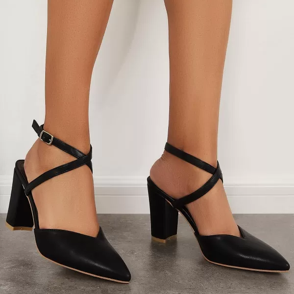 Womens Slingback Closed Pointed Toe Heels Strappy Block Chunky Heel Office Bridal Pumps Shoe