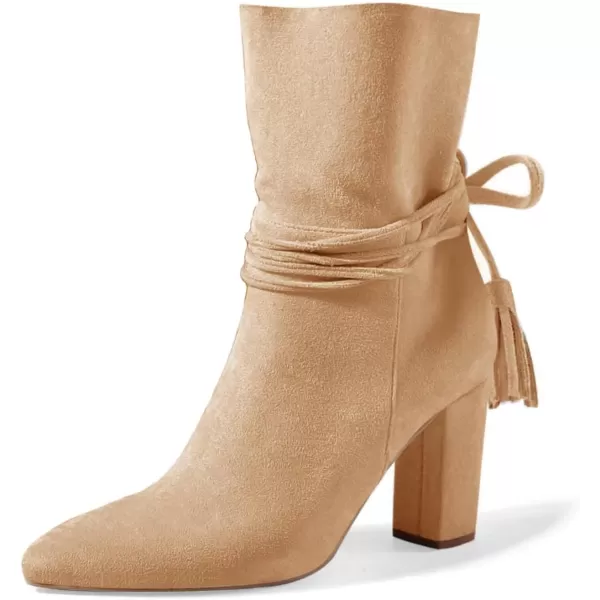Coutgo Womens Fall Dress Ankle Boots Chunky High Heel Mid Calf Strappy Tassel Short Booties Shoes Side Zipper