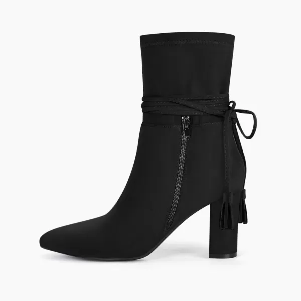 Coutgo Womens Fall Dress Ankle Boots Chunky High Heel Mid Calf Strappy Tassel Short Booties Shoes Side Zipper