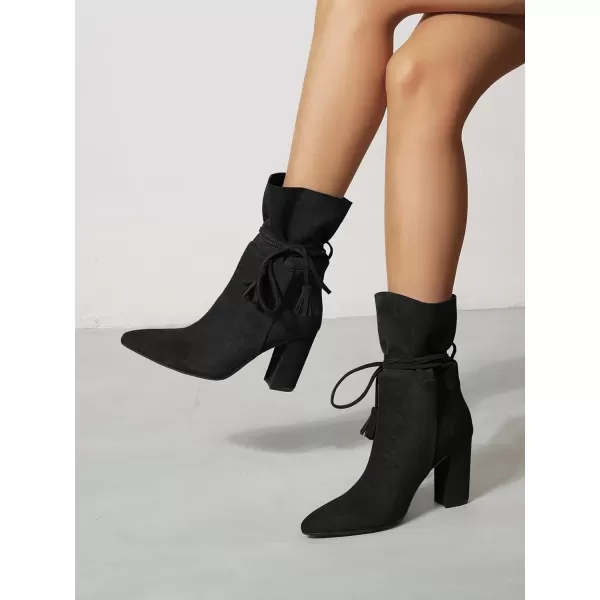 Coutgo Womens Fall Dress Ankle Boots Chunky High Heel Mid Calf Strappy Tassel Short Booties Shoes Side Zipper