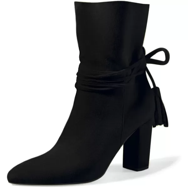 Coutgo Womens Fall Dress Ankle Boots Chunky High Heel Mid Calf Strappy Tassel Short Booties Shoes Side Zipper