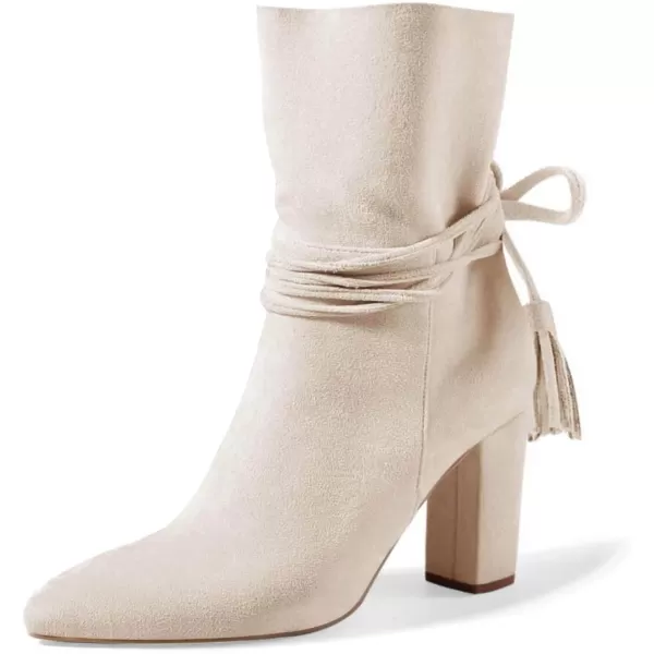 Coutgo Womens Fall Dress Ankle Boots Chunky High Heel Mid Calf Strappy Tassel Short Booties Shoes Side Zipper