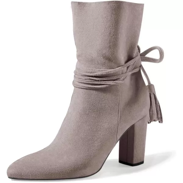 Coutgo Womens Fall Dress Ankle Boots Chunky High Heel Mid Calf Strappy Tassel Short Booties Shoes Side Zipper