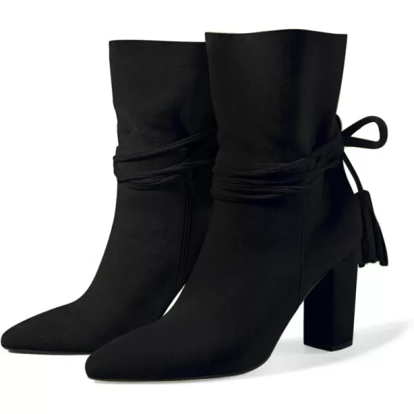 Coutgo Womens Fall Dress Ankle Boots Chunky High Heel Mid Calf Strappy Tassel Short Booties Shoes Side Zipper