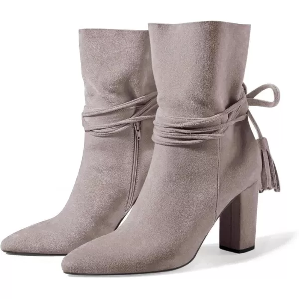 Coutgo Womens Fall Dress Ankle Boots Chunky High Heel Mid Calf Strappy Tassel Short Booties Shoes Side Zipper