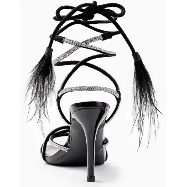 Coutgo Womens Feather Strappy Heels Sandals Rhinestone Lace Up High Heels Sexy Summer Dress ShoesBlack