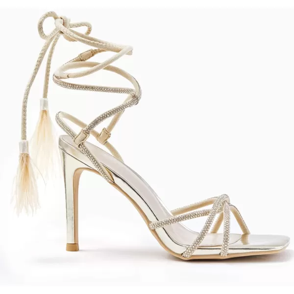 Coutgo Womens Feather Strappy Heels Sandals Rhinestone Lace Up High Heels Sexy Summer Dress ShoesGold