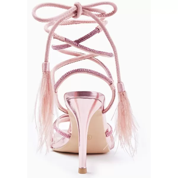 Coutgo Womens Feather Strappy Heels Sandals Rhinestone Lace Up High Heels Sexy Summer Dress ShoesPink
